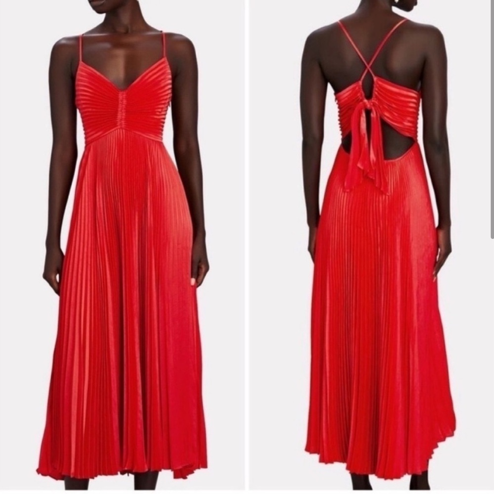 A.L.C. Red Pleated Midi Dress with Tie-Back